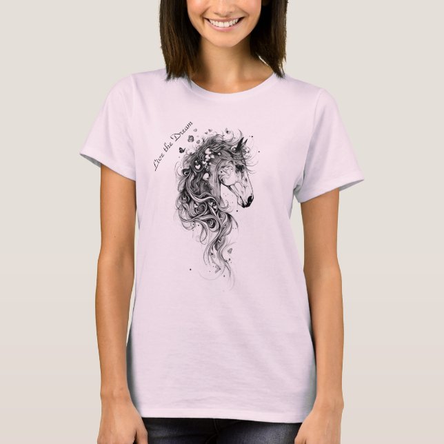 Camiseta "Viva o Cavalo Abstrato Whimsical B&W do Sonho (Frente)