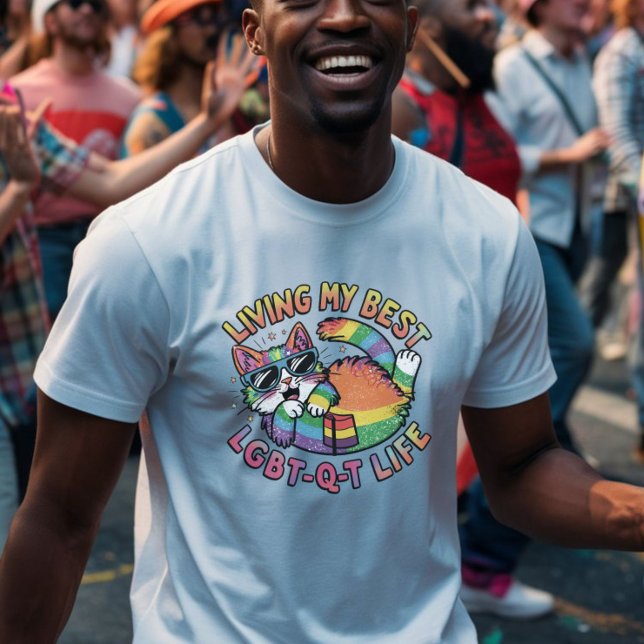 Camiseta Vivendo minha melhor gata de orgulho de vida LGBT- (Living My Best LGBT-Q-T Life Pride Cat T-Shirt | LGBTQIA2S+ Rainbow Cat Tee)