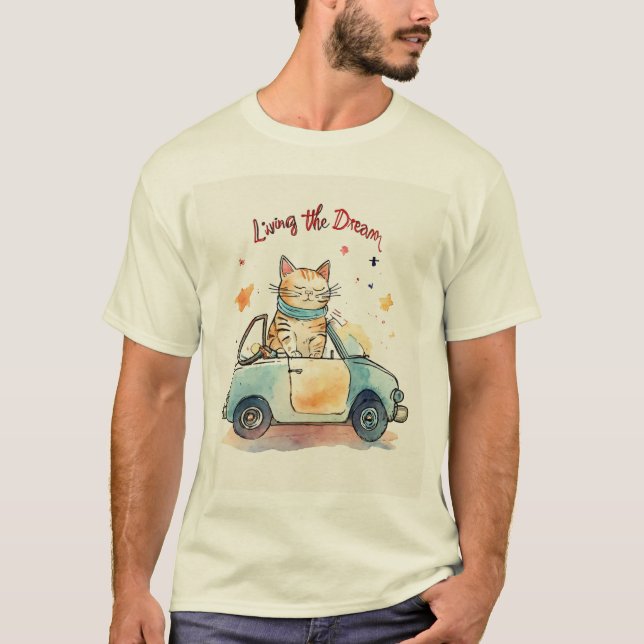Camiseta Vivendo o Sonho: Gato Chubby em Car Watercolo Pequ (Frente)