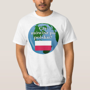 Camiseta Você fala polonês? em polonês. Sinalizador e globo