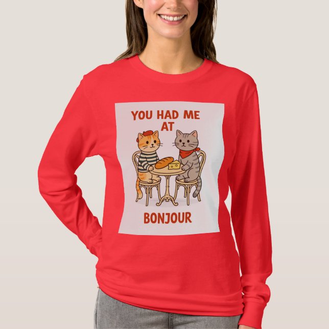 Camiseta Você Me Conquistou com Bonjour – Fofo Café de Gato (Frente)
