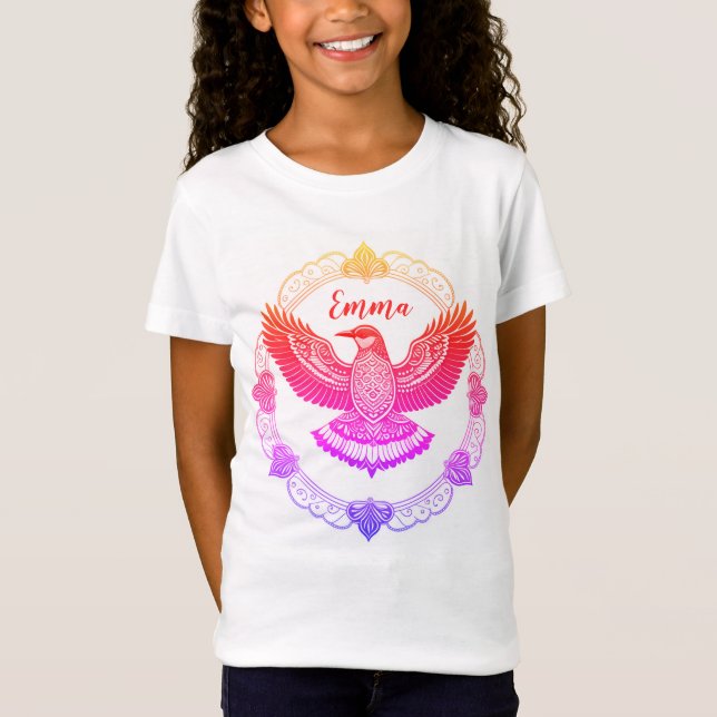 Camiseta Vogel im Mandala Farbverlauf Regenbogen (Frente)