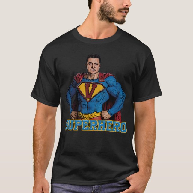 Camiseta Volodymyr Zelenskyy Super-herói na fantasia de sup (Frente)