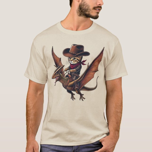 Camiseta Voo Majestoso: Um Gato Caubói Montando um Pterodác (Frente)
