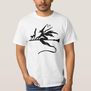 Camiseta Vôo mau preto da bruxa e do gato no Broomstick