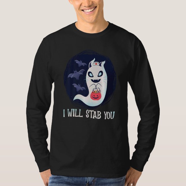 Camiseta Vou Esfaqueá-La Enfermeira Ghost Cat Halloween (Frente)