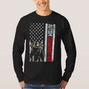 Camiseta Vovó de Bandeira Americana Ursa Autismo Sensibiliz
