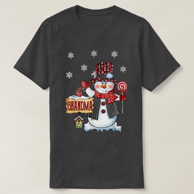 Camiseta Vovó Snowman Candy Cane Xadrez Vermelha San (Frente do Design)