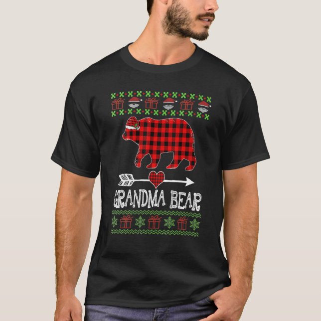 Camiseta Vovó Urso Papai noel Pijama Da Família Xadrez Verm (Frente)