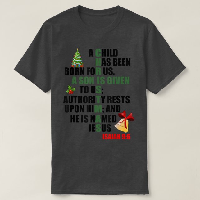 Camiseta w460 Merry Xmas Christmas Tree Christian Bible Isa (Frente do Design)