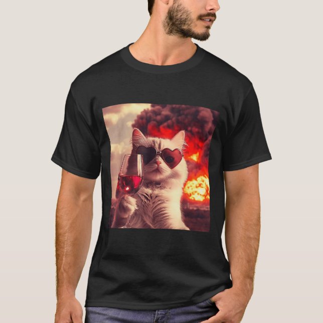 Camiseta Wacky Cat Holding Wine Selfi With Fire Funny Sungl (Frente)