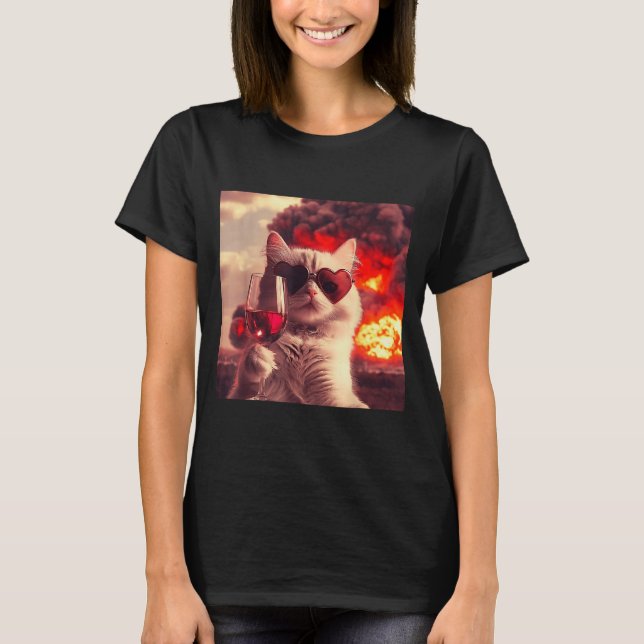 Camiseta Wacky Cat Holding Wine Selfi With Fire Funny Sungl (Frente)