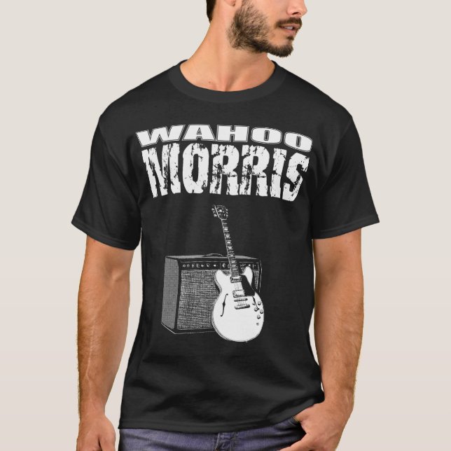 Camiseta Wahoo Morris T, branco no preto: Guitarra & ampère (Frente)