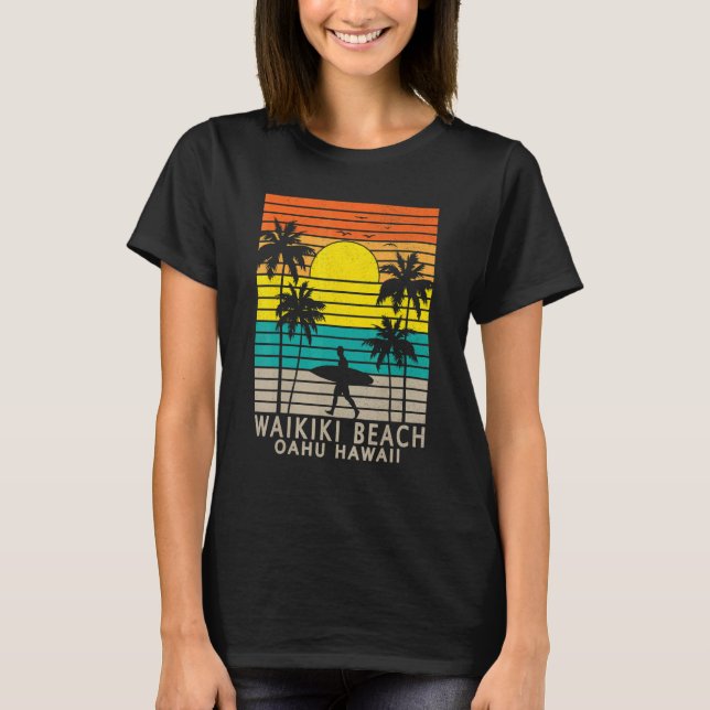 Camiseta Waikiki Beach Oahu Hawaii Surfer Palm Tree Surfing (Frente)