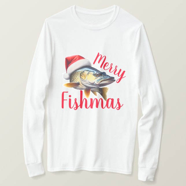 Camiseta Walleye "Feliz Fishmas" Fingido Natal (Frente do Design)