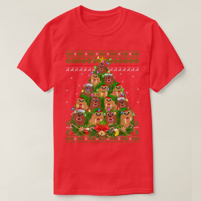 Camiseta Walrus Xmas Lighting Tree Papais noeis Walrus Ugly (Frente do Design)