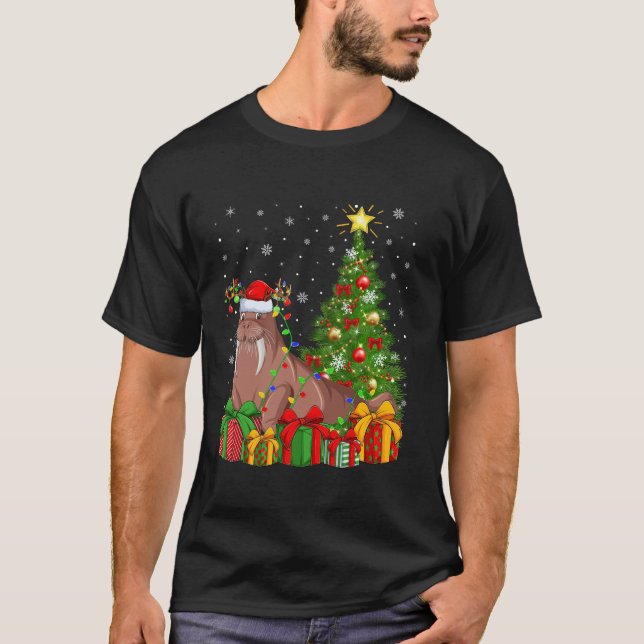 Camiseta Walrus Xmas Tree Lighting Santa Hat Walrus Christm (Frente)
