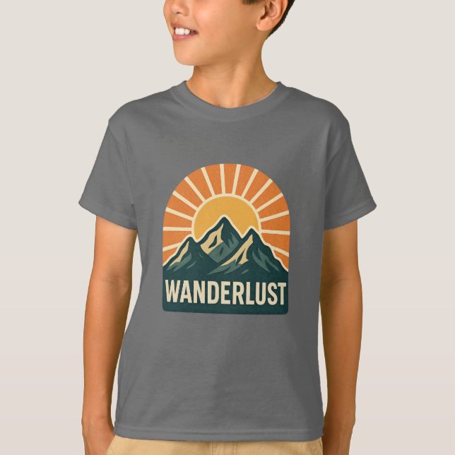 Camiseta Wanderlust Retro Blue Mountain Sunrise Kids Nature (Frente)