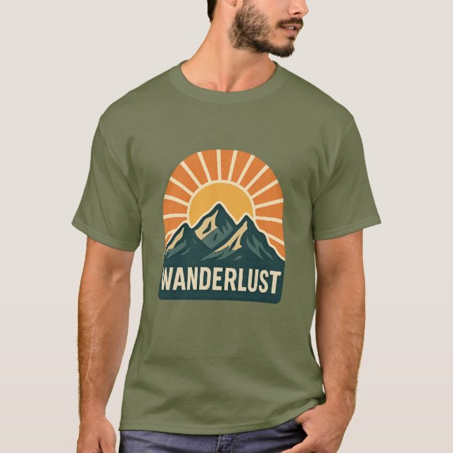 Camiseta Wanderlust Retro Blue Mountain Sunrise Outdoor Sun (Frente)