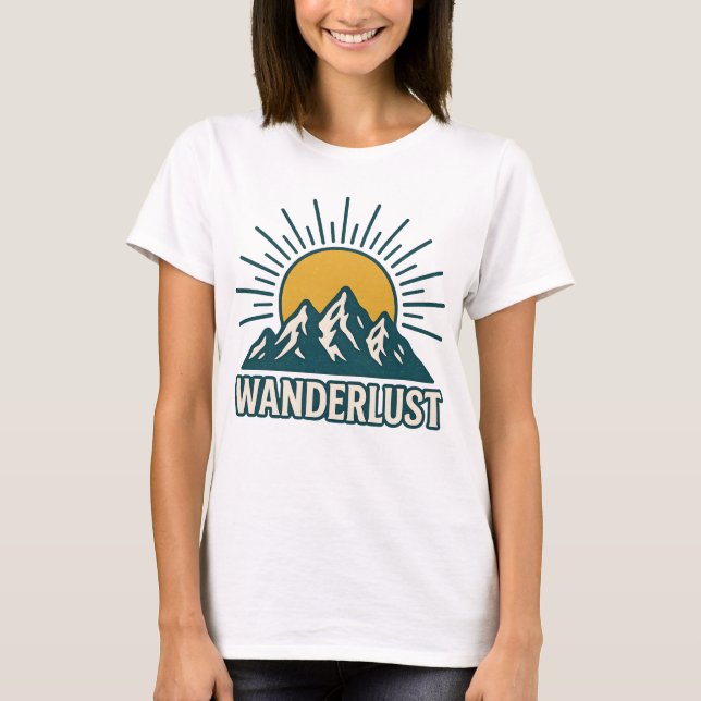 Camiseta Wanderlust Retro Teal Mountain Sunrise | Hiking (Frente)