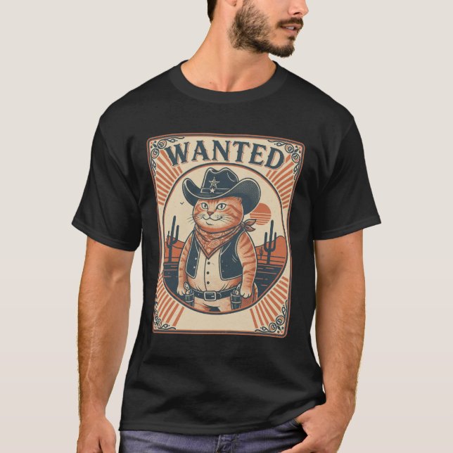 Camiseta Wanted Cowboy Western Cat, Funny Vintage Cat, (Frente)