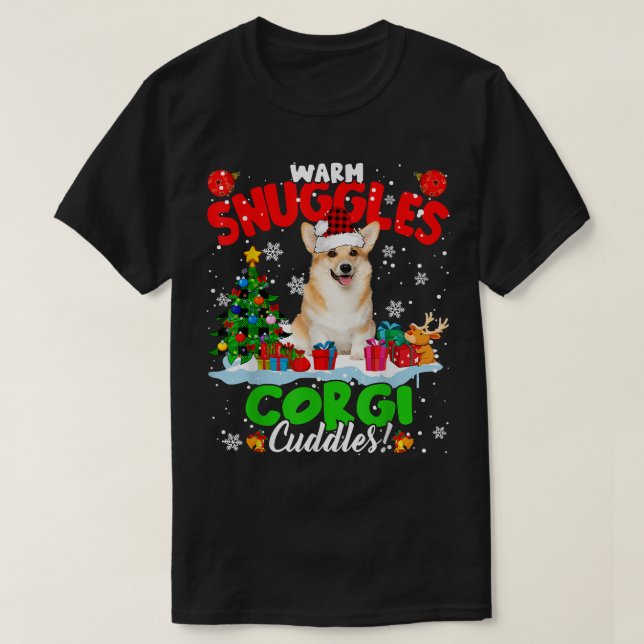 Camiseta Warm Snuggles Corgi Cuddles Xmas Tree Plaid Santa  (Frente do Design)