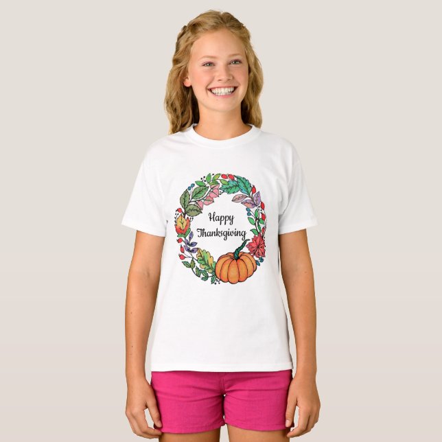 Camiseta Watercolor Belo Pumpkin Wreath com folhas (Frente Completa)