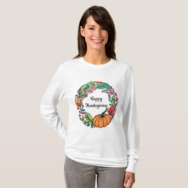Camiseta Watercolor Belo Pumpkin Wreath com folhas (Frente Completa)