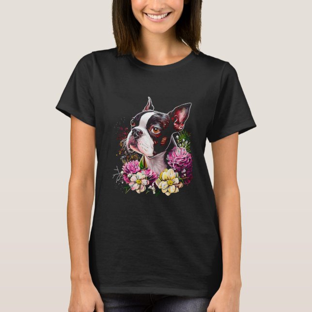 Camiseta Watercolor Boston Terrier com flores Bostie 19 (Frente)