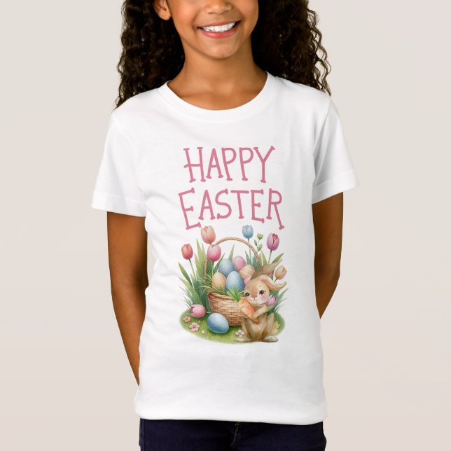Camiseta Watercolor Bunny & Tulip "Felz pascoa" Kids Tee (Frente)