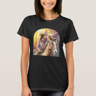 Camiseta Watercolor cowgirl riding her horse on a bright su