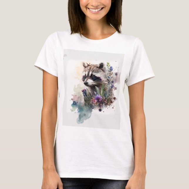 Camiseta Watercolor Cute Raccoon Spring Flowers        (Frente)