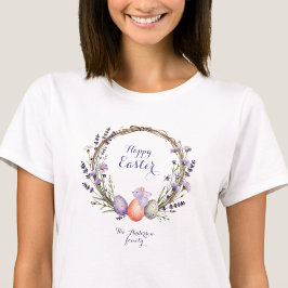 Camiseta Watercolor Easter Lavender Wreath Eggs Cute Bunny