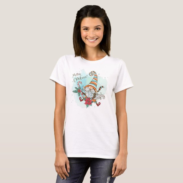 Camiseta Watercolor Elf Poinsettia Candy Cane (Frente Completa)