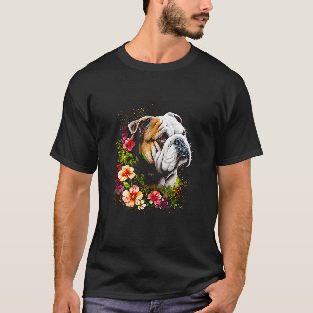 Camiseta Watercolor English Bulldog com flores 68 (Frente)