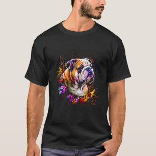 Camiseta Watercolor English Bulldog com flores 95