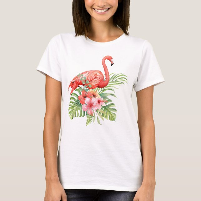 Camiseta Watercolor Flamingo e Hibiscus (Frente)