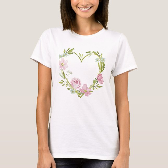Camiseta Watercolor Floral Heart Wreath Illustration (Frente)