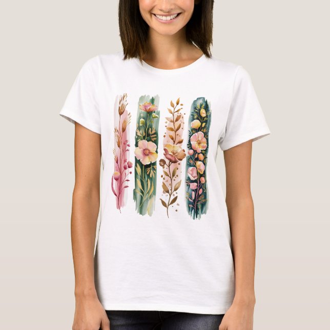 CAMISETA WATERCOLOR GREEN & PINK WILDFLOWER BRUSHSTROKES (Frente)