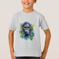 Watercolor Jungle Gorilla com óculos e folhas sola