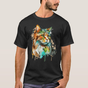 Camiseta Watercolor Norwegian Forest Cat Colorful Long Hair