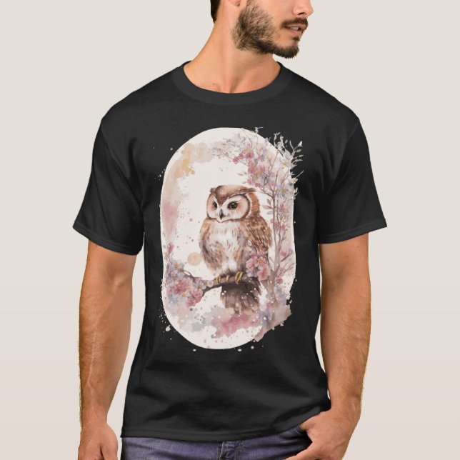 Camiseta Watercolor Owl Cherry Blossom Japanese Sakura (Frente)