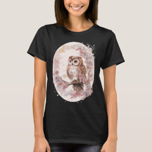 Camiseta Watercolor Owl Cherry Blossom Japonês Sakura