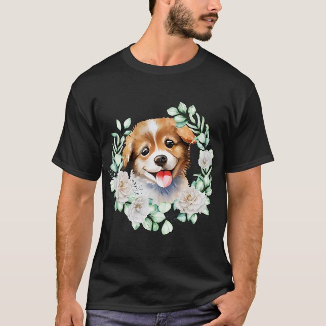 Camiseta Watercolor Puppy Love with White Roses (Frente)