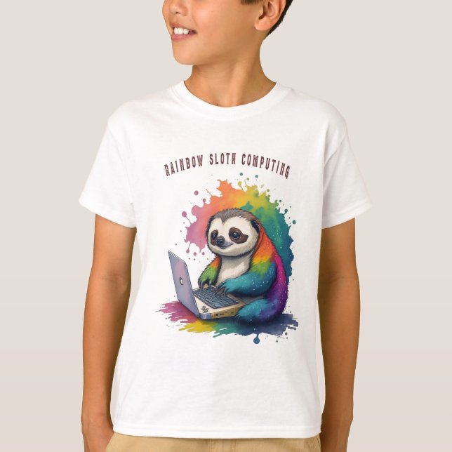 Camiseta Watercolor Rainbow Cute Sloth Computing (Frente)