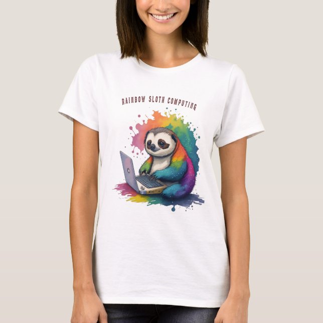 Camiseta Watercolor Rainbow Cute Sloth Computing (Frente)
