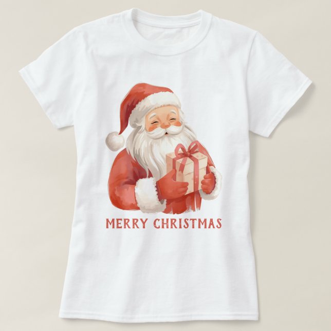 Camiseta Watercolor Santa Clause With Gift Custom (Frente do Design)