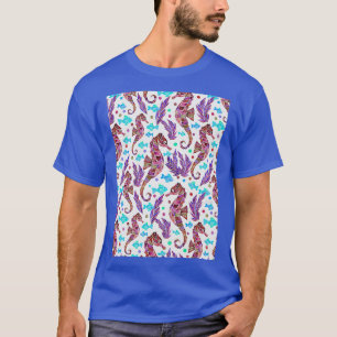 Camiseta Watercolor Seacavalo Padrão Vermelho Escuro Turco
