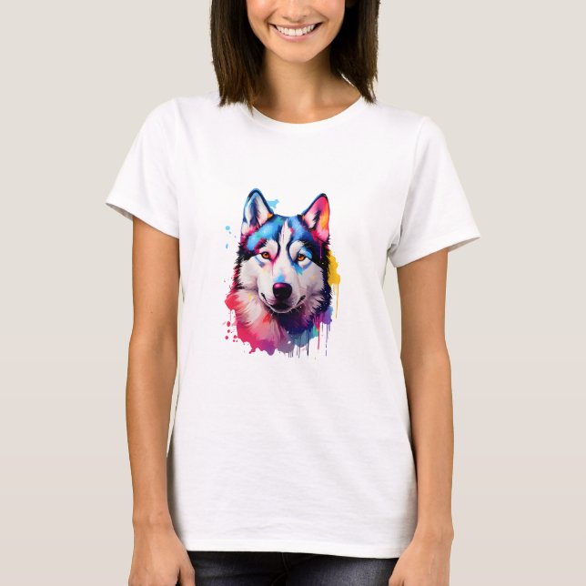 Camiseta Watercolor Siberian Husky Colorir Art (Frente)