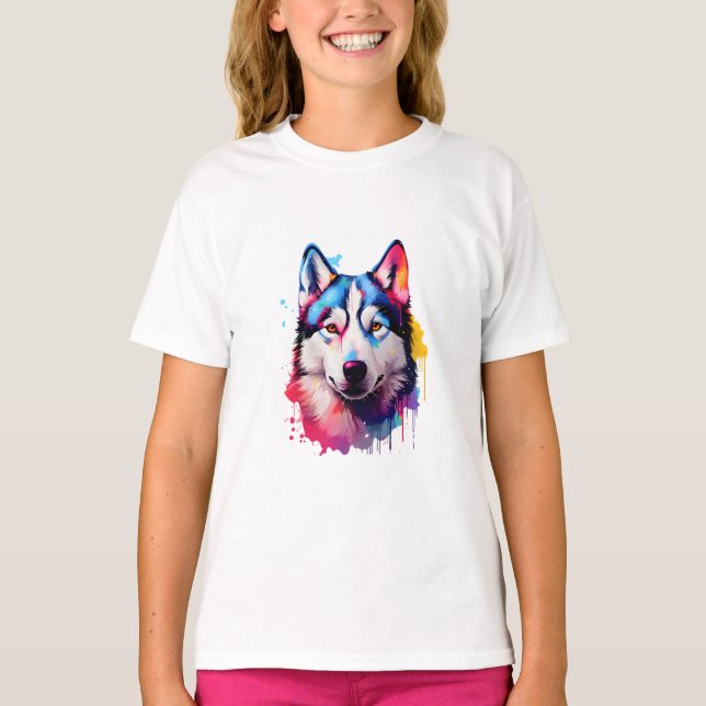 Camiseta Watercolor Siberian Husky Colorir Art (Frente)